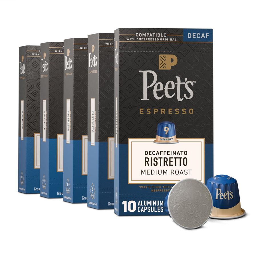 Peet's Decaffeinato Ristretto packaging showing five-box set for convenient decaf espresso