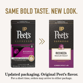 Peet's Coffee Crema Scura box with bold, full-bodied espresso notes.