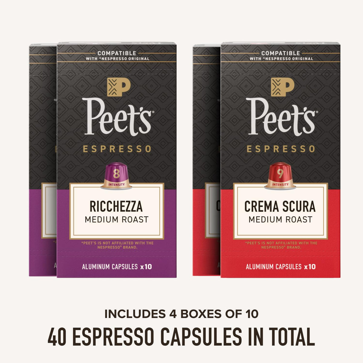 Peet's Coffee Crema Scura espresso capsules pack with full crema
