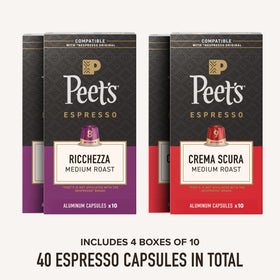 Peet's Coffee Crema Scura espresso capsules pack with full crema