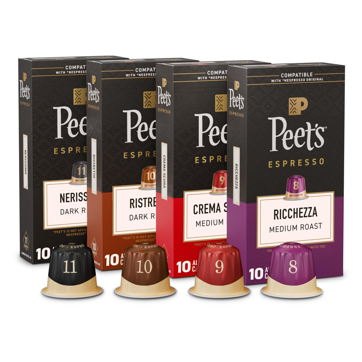 Peet's Coffee Ricchezza box showing balanced medium roast aroma for milk-based drinks.