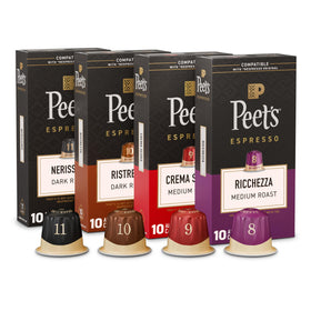 Peet's Coffee Ricchezza box showing balanced medium roast aroma for milk-based drinks.