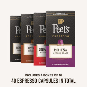Peet's Coffee Ricchezza capsules close-up highlighting rich aroma and crema potential.