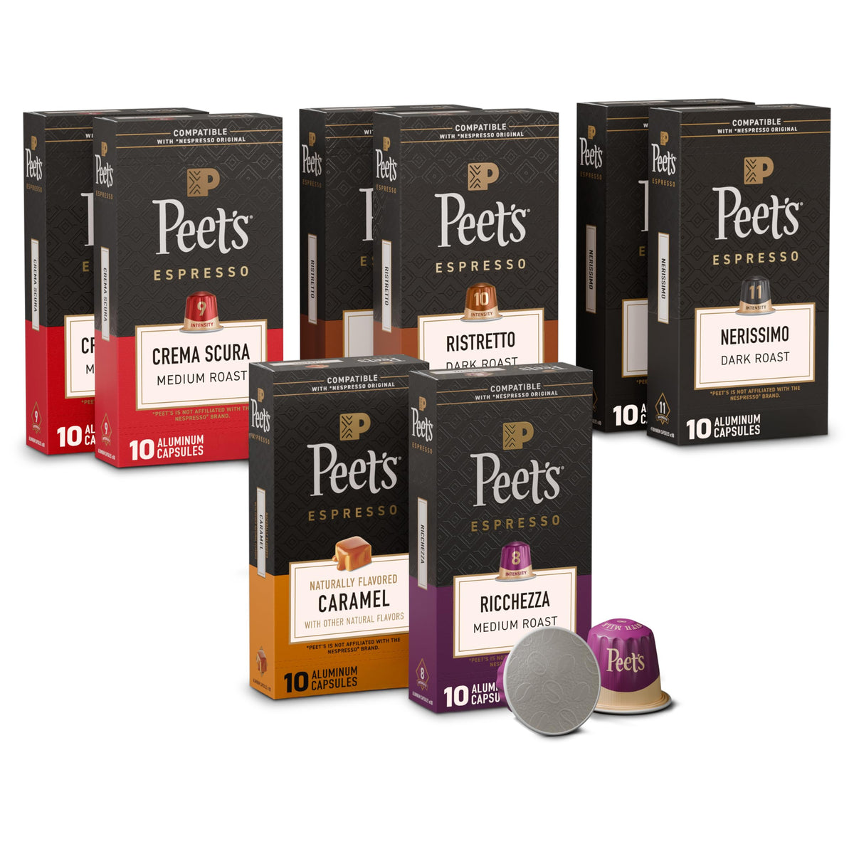 Peet's Coffee espresso capsules variety pack boxes for home espresso sessions.