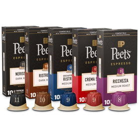 Peet's Ricchezza espresso capsule box showcasing medium roast aroma and richness.