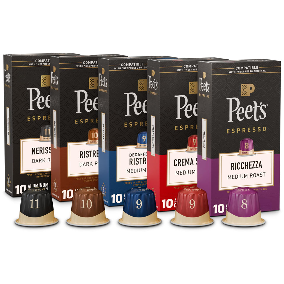 Peet's Ricchezza espresso capsule box showcasing medium roast aroma and richness.