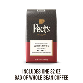 Peet's Espresso Forte beans close-up showing rich aroma and body.