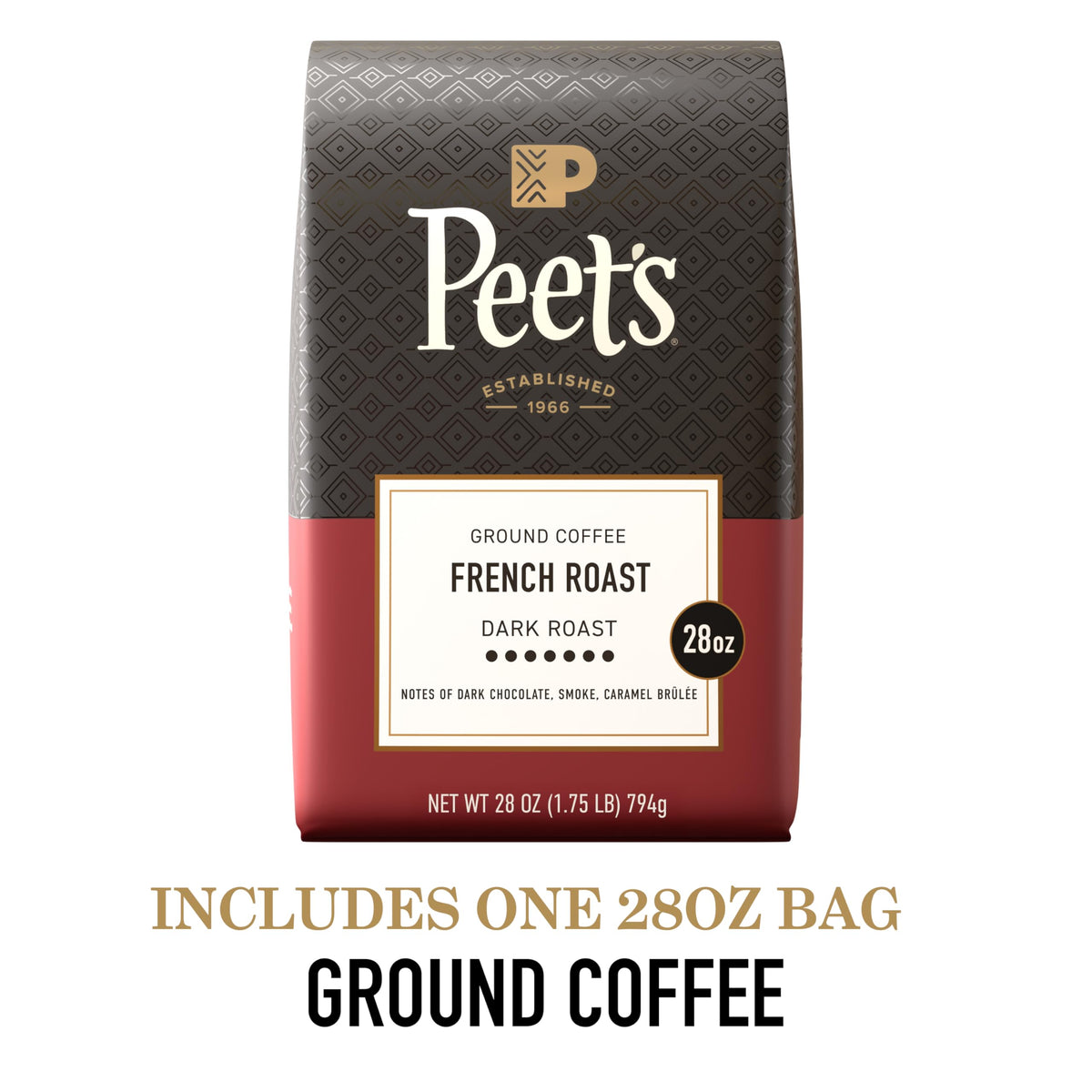 Peet's Coffee French Roast grounds close-up, dark roast richness for a robust morning cup.
