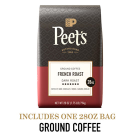 Peet's Coffee French Roast grounds close-up, dark roast richness for a robust morning cup.