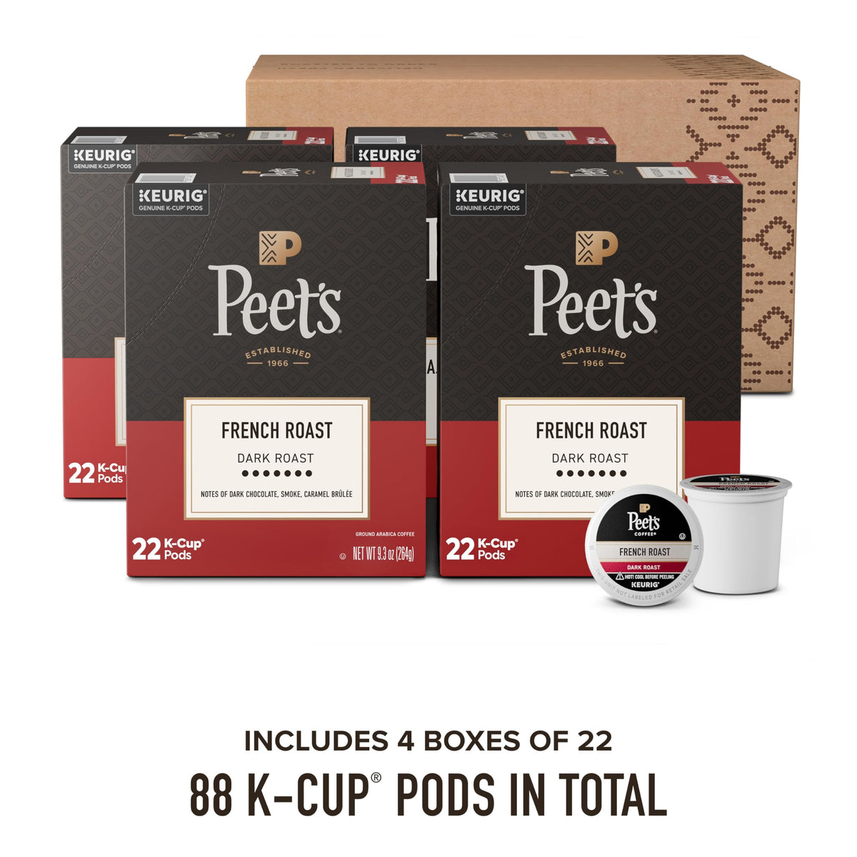 Peet's French Roast K-Cup pods neatly arranged on a shelf