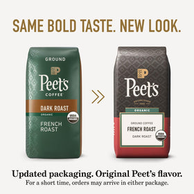 Peet's French Roast steaming cup highlights chocolate and smoky notes.