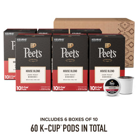 Peet's House Blend Dark Roast K-Cup pods ready for quick single-serve brews.