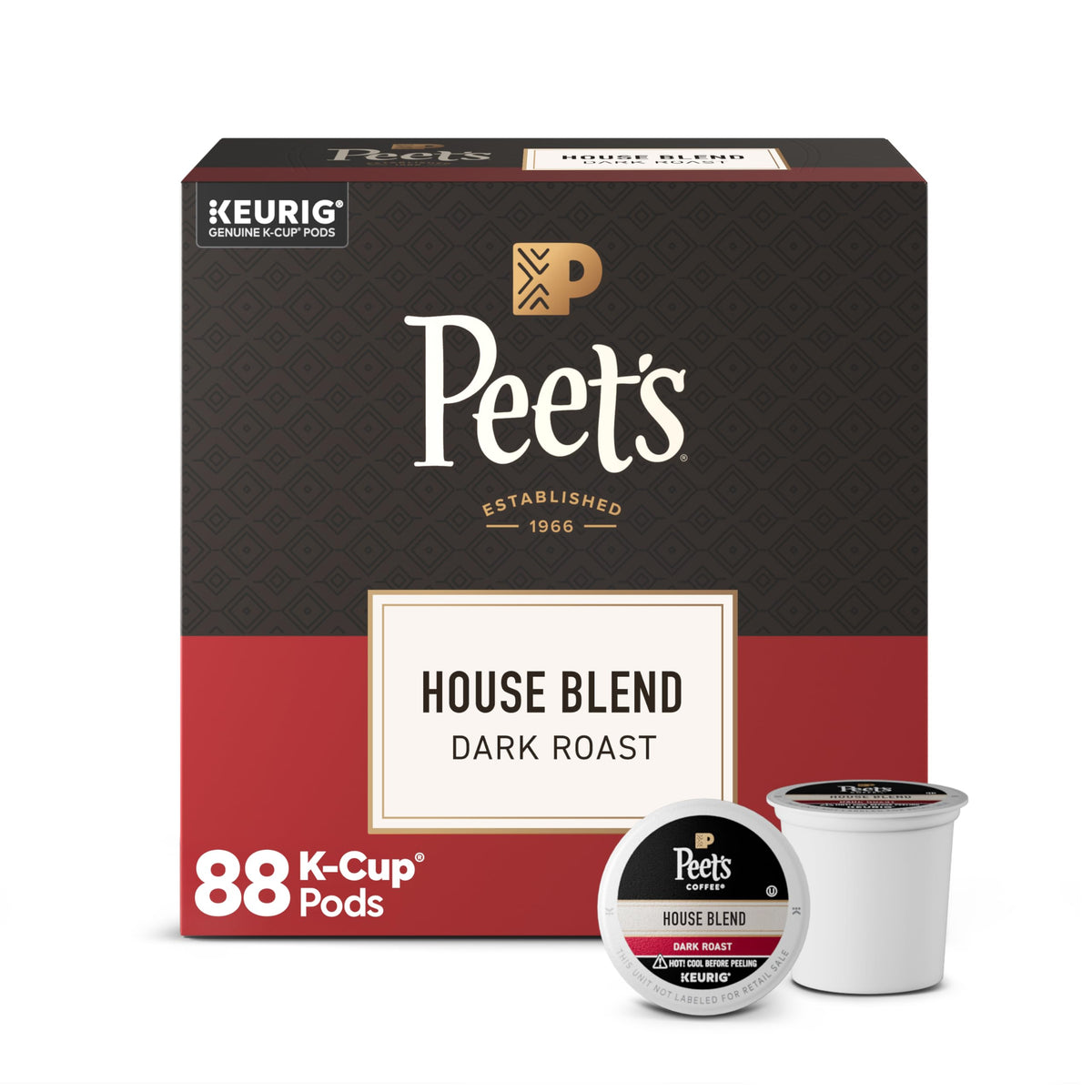 Peet's Coffee House Blend dark roast Keurig pods front box image for quick, bold mornings