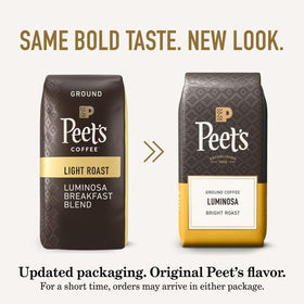 Peet's Luminosa bag label highlights 100% Arabica origin.