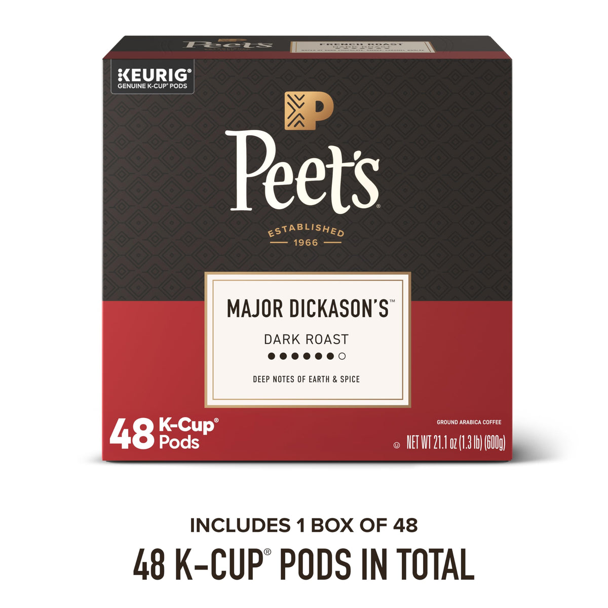 Peet's Major Dickason's Blend pods on shelf provide convenient, consistent single-serve flavor.