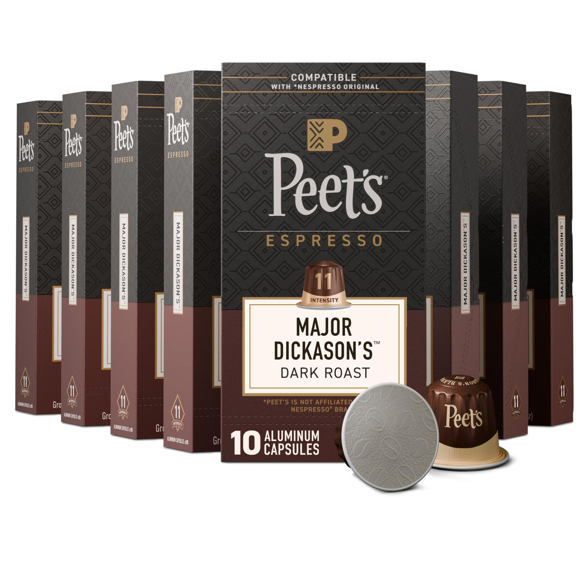 Peet's Major Dickason's Blend boxes ready for home brewing, rich aroma.