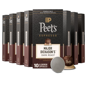 Peet's Major Dickason's Blend boxes ready for home brewing, rich aroma.