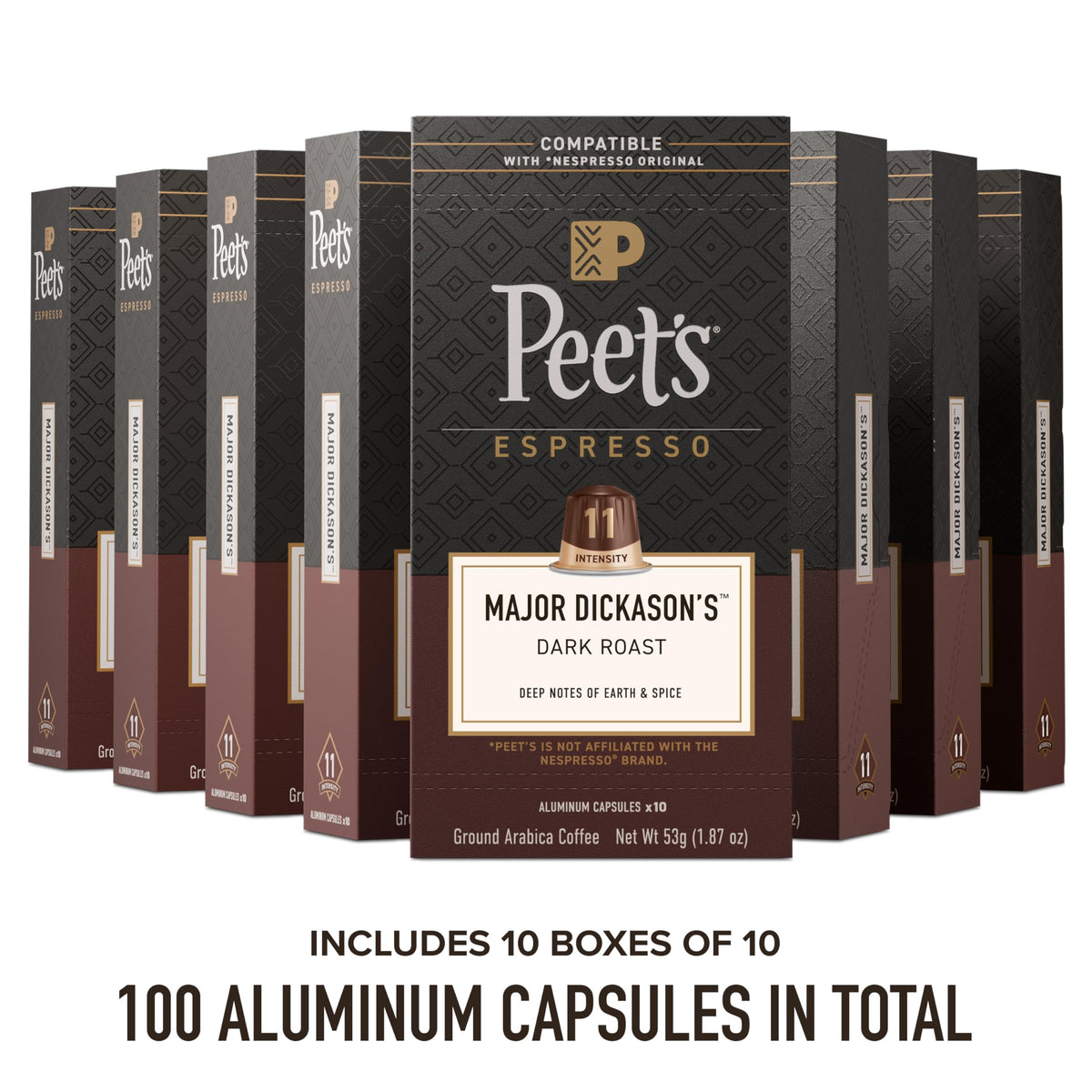 Peet's Major Dickason's aluminum capsule close-up, preserves aroma for bold espresso.