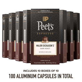 Peet's Major Dickason's aluminum capsule close-up, preserves aroma for bold espresso.
