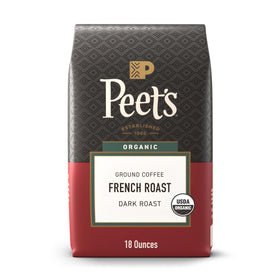 Peet's Organic French Roast ground 18oz bag, ideal for bold drip coffee.