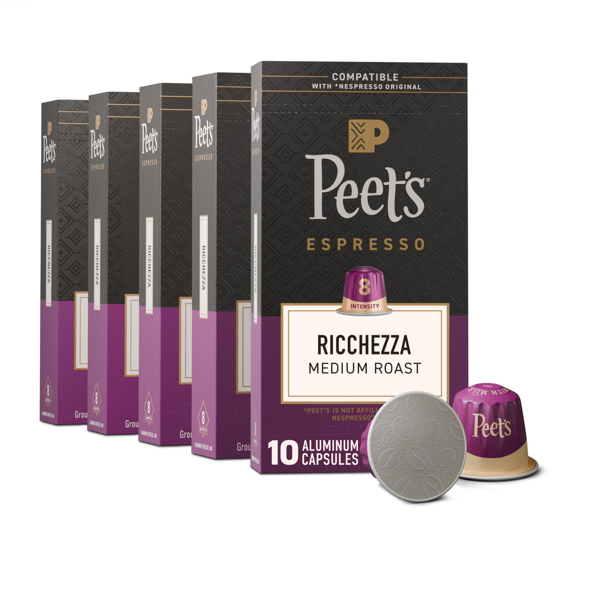 Peet's Ricchezza espresso capsules pack shot for home brewing with Nespresso Original machines.