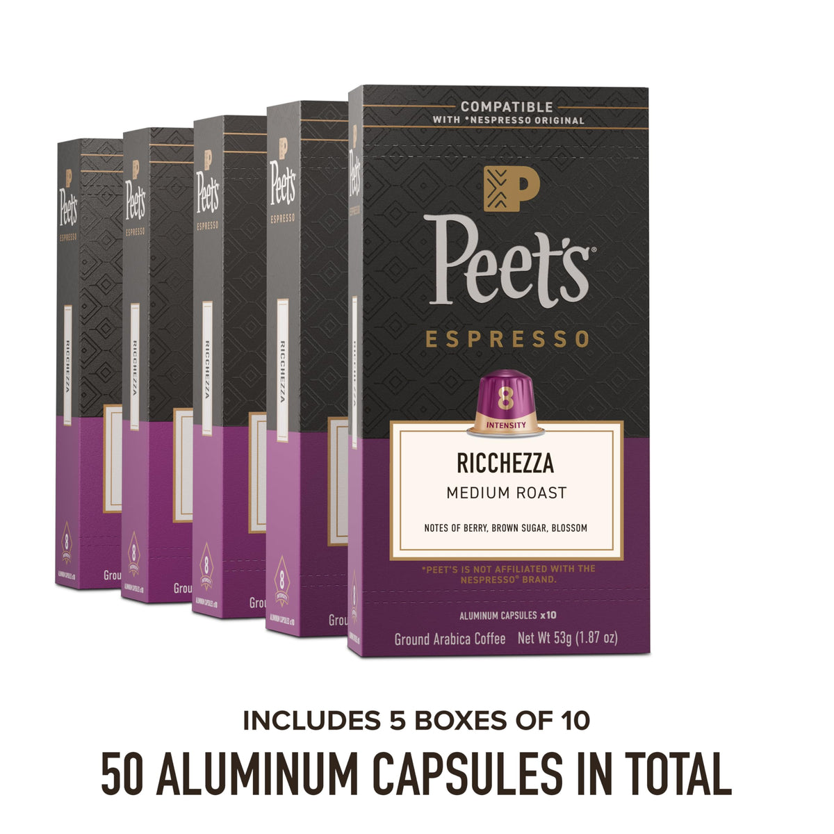 Close-up of Peet's Ricchezza capsules highlighting premium Arabica quality.