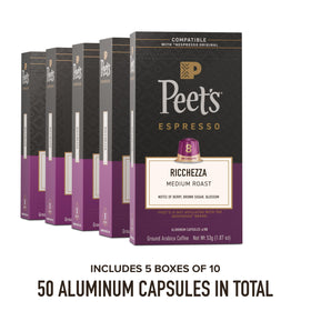 Close-up of Peet's Ricchezza capsules highlighting premium Arabica quality.