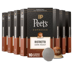 Peet's Coffee Ristretto capsules box front view, premium packaging signaling bold espresso experience