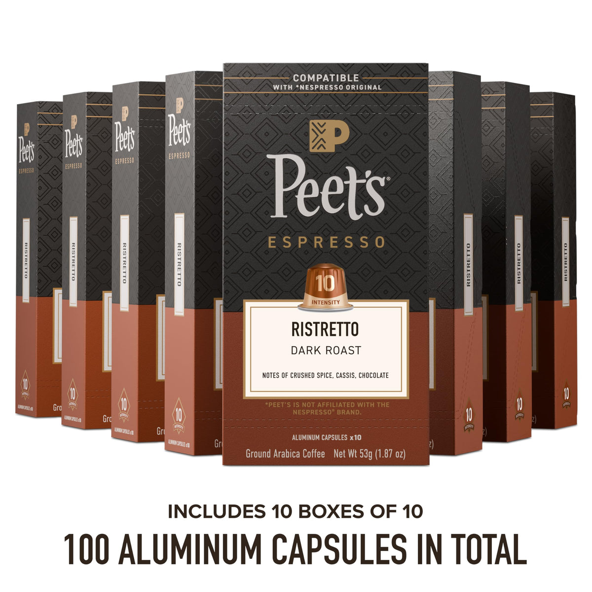 Peet's Coffee Ristretto capsules packaged closeup highlighting aluminum design and aroma seal