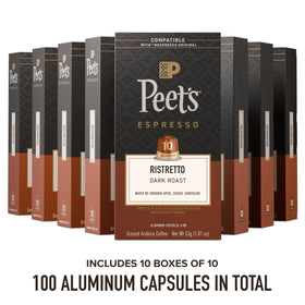 Peet's Coffee Ristretto capsules packaged closeup highlighting aluminum design and aroma seal