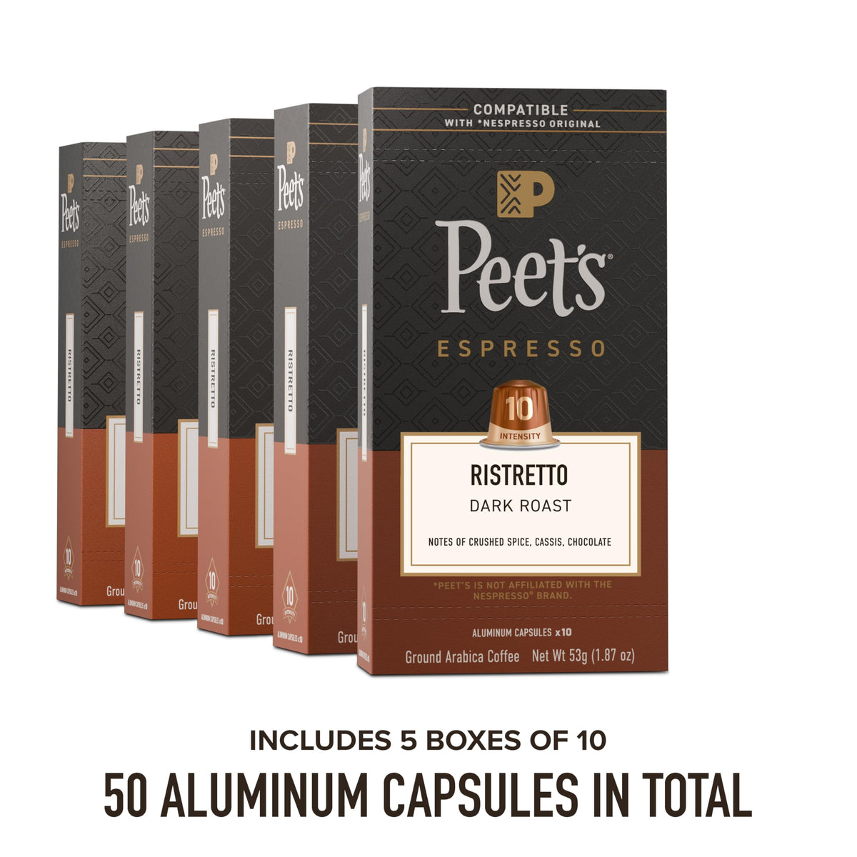 Peet's Coffee Ristretto Intensity 10 capsules close-up highlights dark roast aroma.