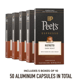 Peet's Coffee Ristretto Intensity 10 capsules close-up highlights dark roast aroma.