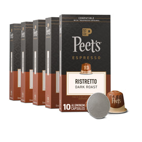 Peet's Coffee Ristretto Intensity 10 five-box packaging shows convenient capsules.