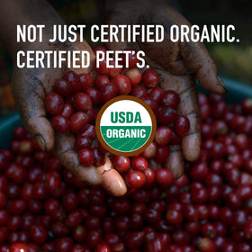 Peet's roasted beans close-up shows dense texture and even roast.
