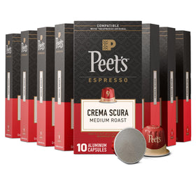 Peet's Crema Scura box front showing a convenient 100 count capsule set for home use