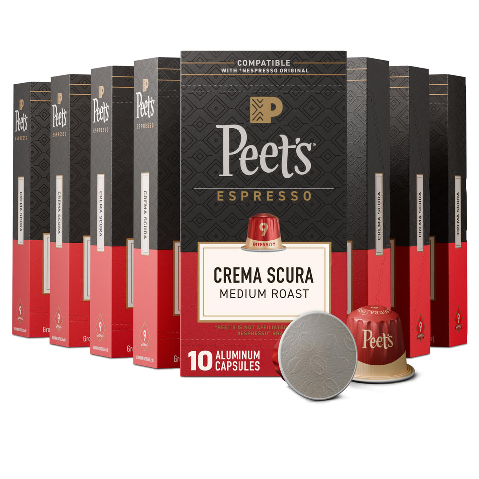 Peet's Crema Scura box front showing a convenient 100 count capsule set for home use