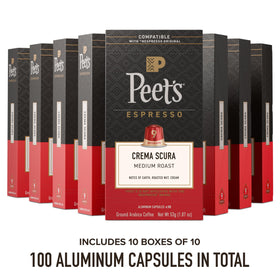 Close up of Peet's Crema Scura capsules highlighting aluminum freshness seal for aroma
