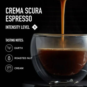 Espresso pour from Peet's Crema Scura capsules into a cup with crema