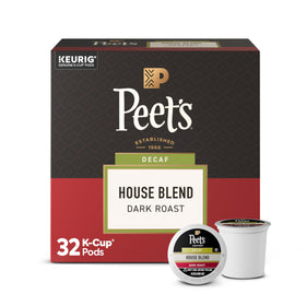 Peet's Decaf House Blend dark roast box 32-count, bold aroma ready to brew.