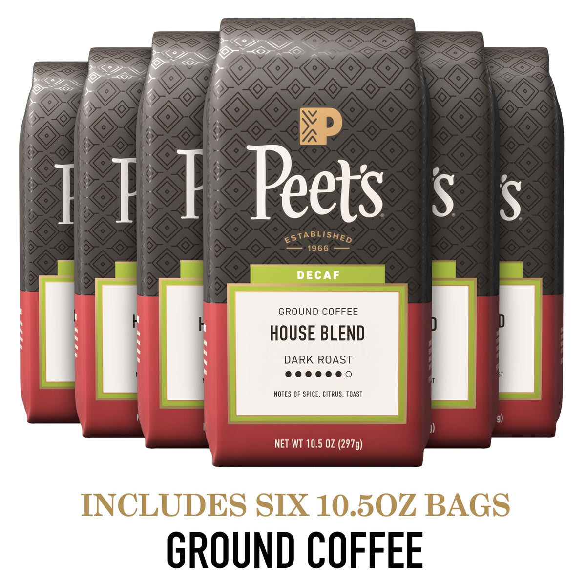 Peet's Decaf House Blend ground coffee close-up shows bold aroma