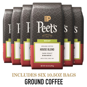 Peet's Decaf House Blend ground coffee close-up shows bold aroma