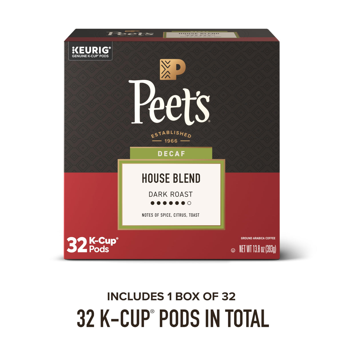 Peet's Decaf House Blend pods closeup, convenient single-serve option.