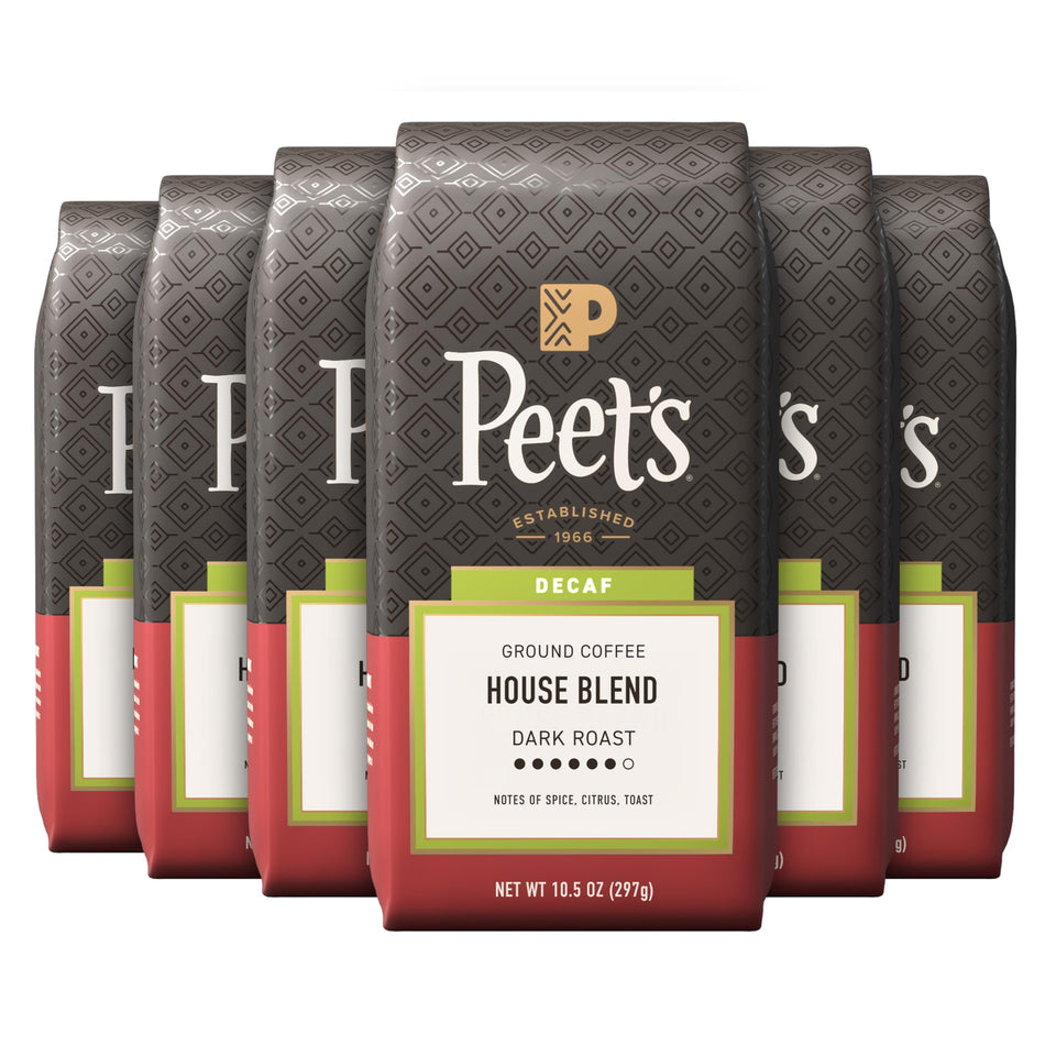 Peet's Decaf House Blend six-pack packaging highlights freshness for daily coffee