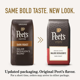 Peet's Major Dickason ground coffee in 18oz bag ready for drip brews