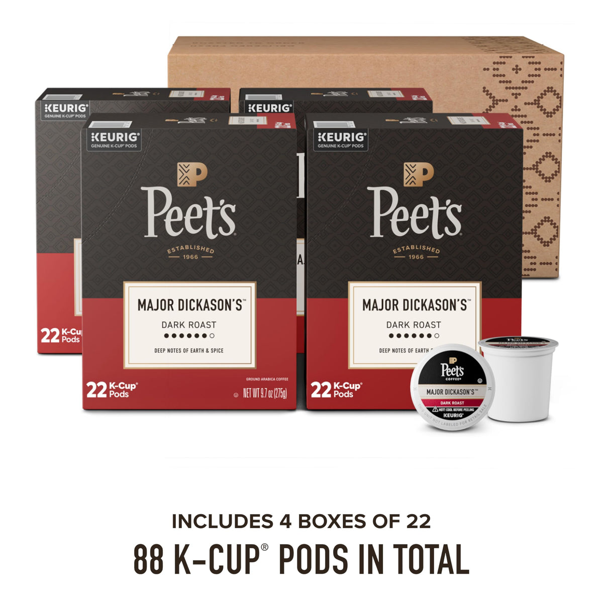 Close-up of Peet's Major Dickason's Blend K-Cups showing rich dark roast.