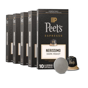 Peet's Nerissimo capsules in boxes front view, premium flavor profile ready for daily espresso.