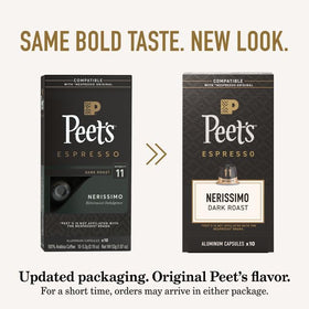 Peet's Nerissimo capsules on a Nespresso Original machine, rich crema and bold flavor.