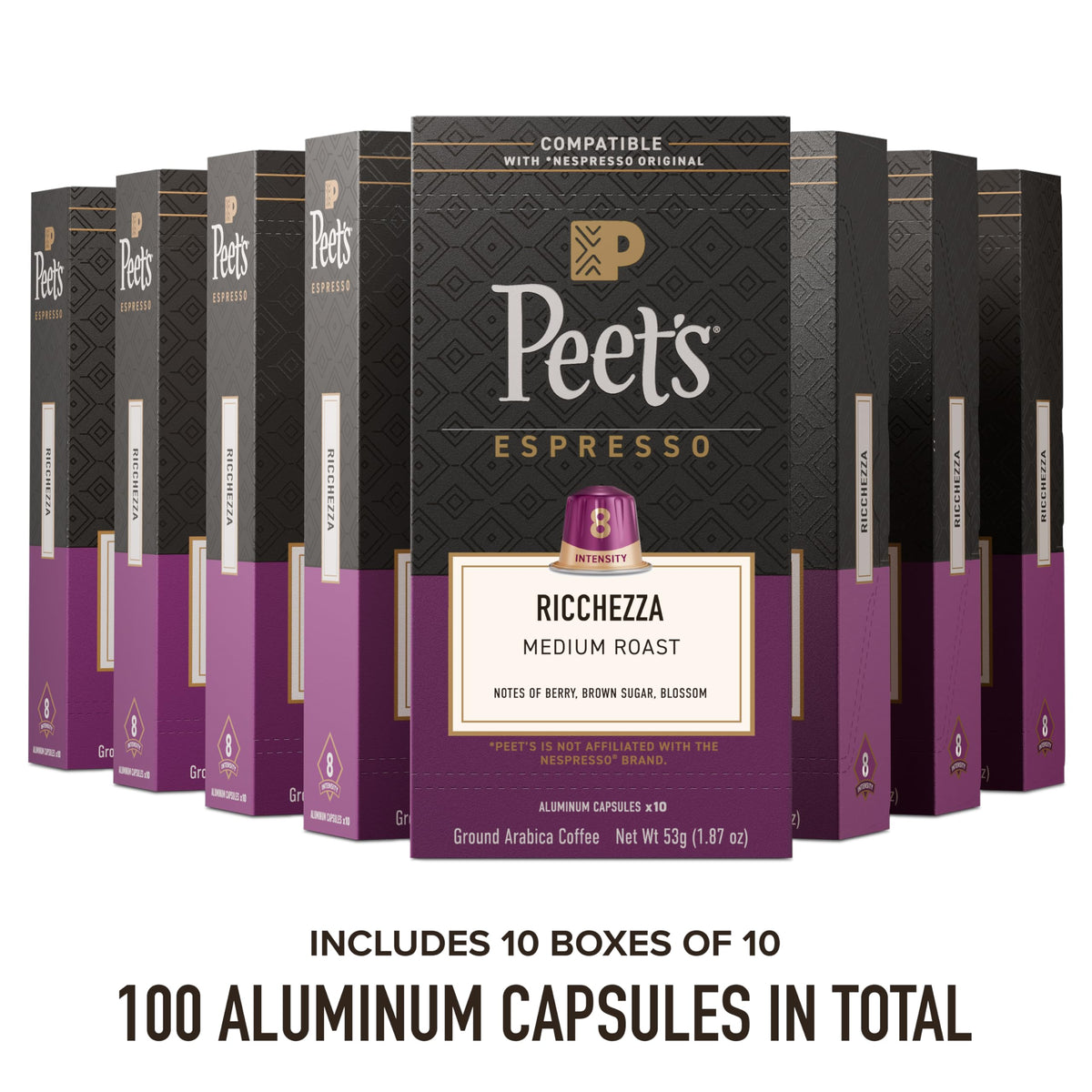 Peet's Ricchezza medium roast espresso ideal for milk-based drinks.