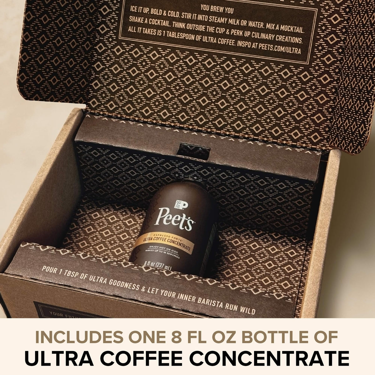 Peet's Ultra Coffee Concentrate bottle with pour spout, ideal for fast, barista-style drinks.