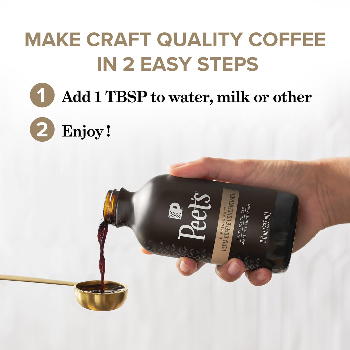 Steaming cup of hot coffee made with Ultra Coffee Concentrate, emphasizing all-day versatility.
